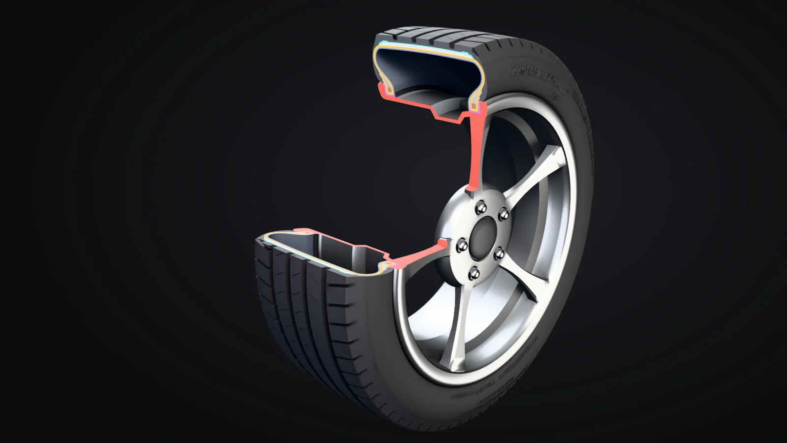 Car Tire 3D Model: interactive cutaway of a 225/45R17 94W all-season radial tire