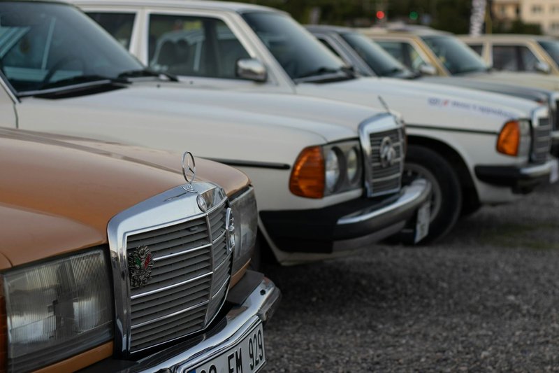 Lineup of classic Mercedes-Benz cars featuring vintage models at an outdoor car show.