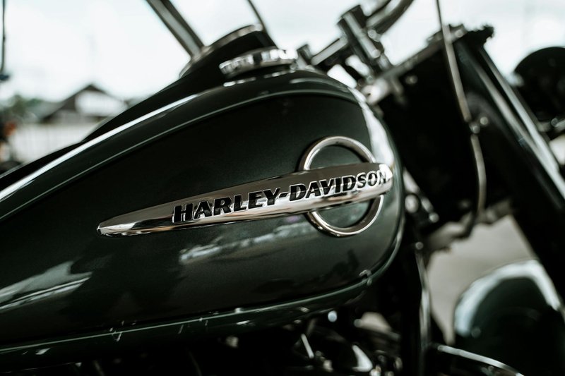 Detailed close-up of Harley-Davidson motorcycle tank showcasing brand logo.