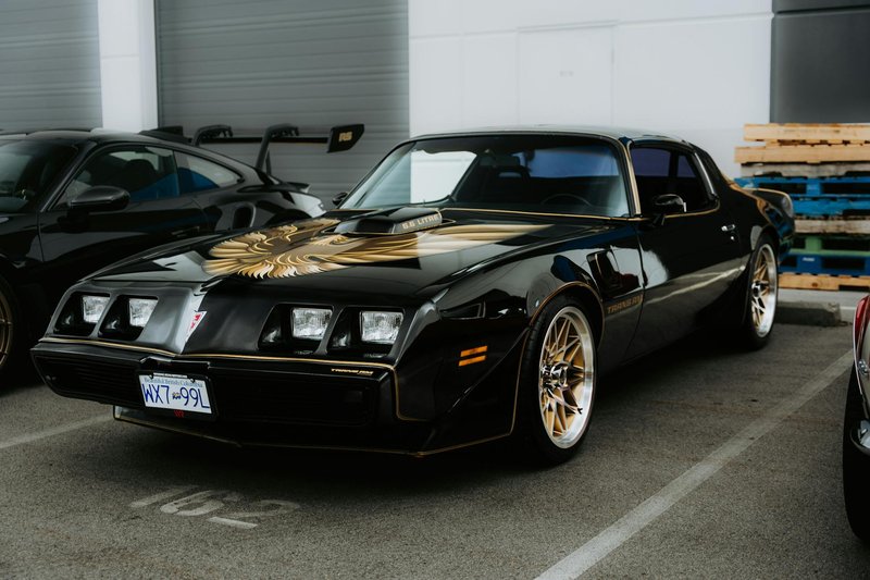 A vintage black Pontiac Firebird with golden decals parked in an indoor lot, showcasing its iconic style.