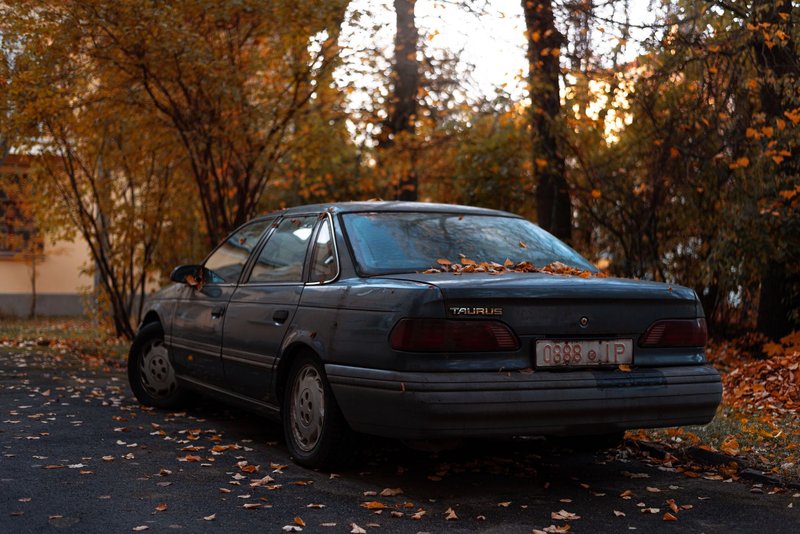A Ford Taurus parked on a street covered in autumn leaves, surrounded by fall foliage.