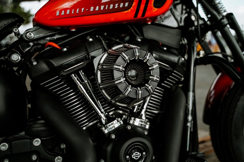Detailed view of a Harley-Davidson motorcycle engine showcasing its intricate design.