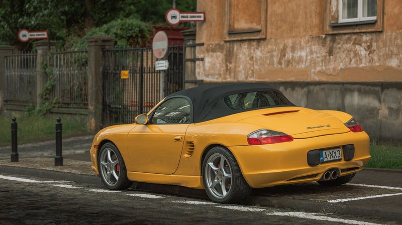 A vibrant yellow sports car parked on a wet urban road beside an old building.
