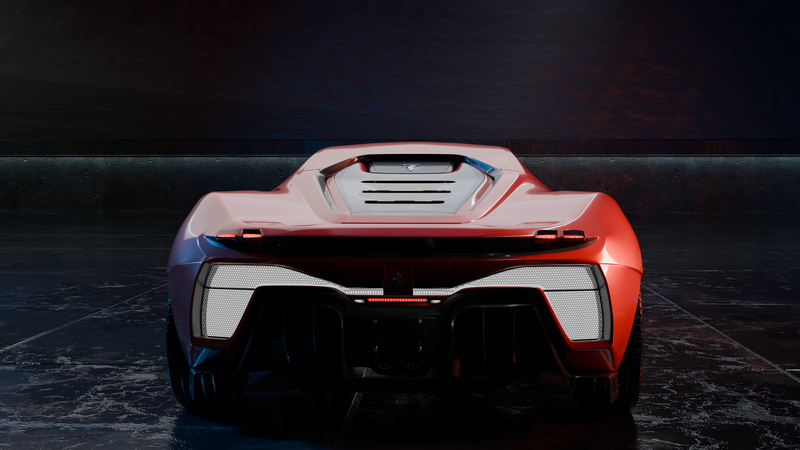 Rear view of a sleek red sports car in a dark indoor setting, showcasing modern design and luxury.