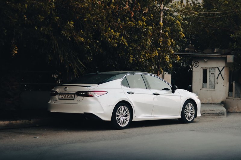 A modern white sedan parked near dense foliage and urban structures, showcasing street life.