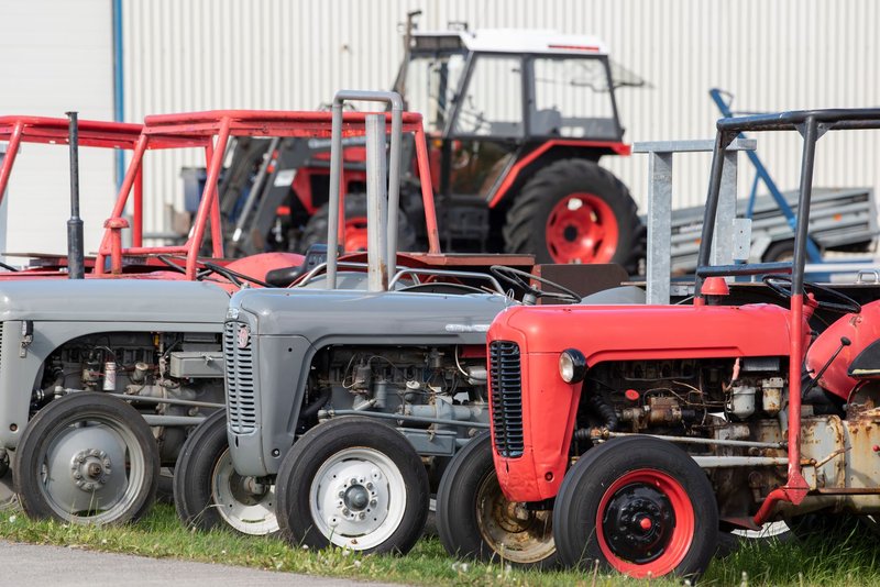A collection of vintage tractors, including Massey Ferguson models, parked outdoors.