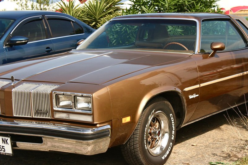 Vintage Oldsmobile Cutlass Supreme car with bronze finish parked outdoors in sunlight.