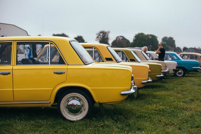 Collection of vintage sedans in a public car show display on a grassy field.