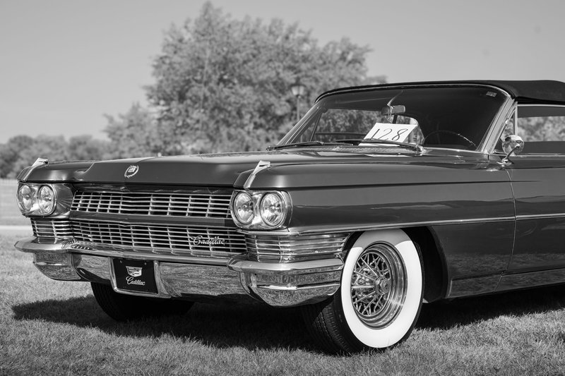 Vintage Cadillac car showcased outdoors in Indiana, USA, in black and white.