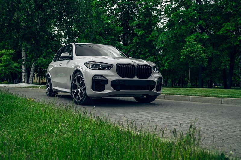 White BMW X5 SUV parked on a scenic road surrounded by lush greenery, showcasing elegance and style.