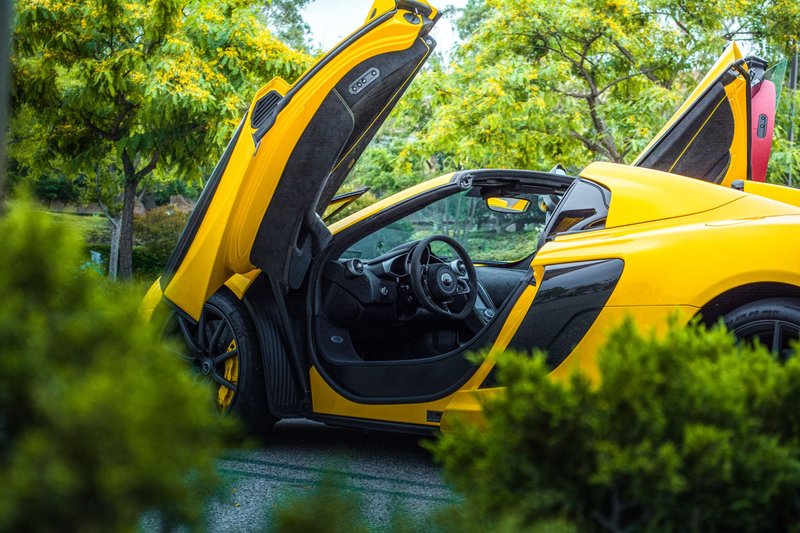 Vibrant yellow supercar with open gullwing doors parked among lush green trees.