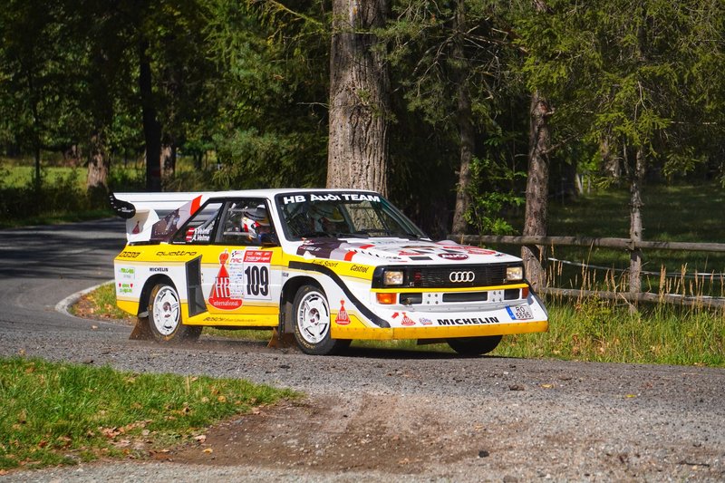 Vintage Audi rally car racing on a scenic forest road, showcasing speed and skill.