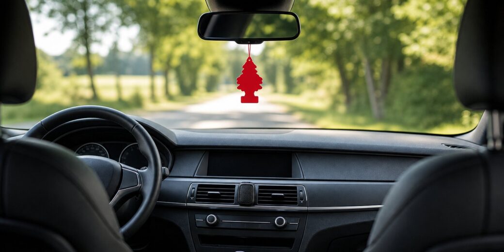 Car interior with a red tree-shaped air freshener hanging from the rear-view mirror