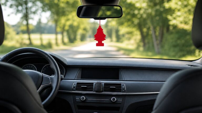 Car interior with a red tree-shaped air freshener hanging from the rear-view mirror
