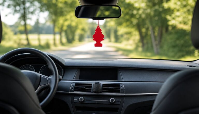 Car interior with a red tree-shaped air freshener hanging from the rear-view mirror