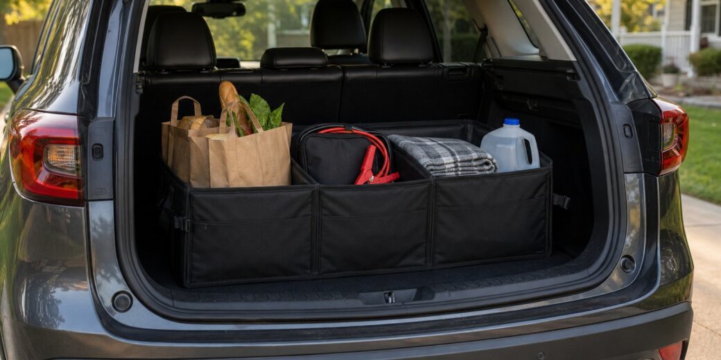A black three-compartment trunk organizer holding groceries, jumper cables, a blanket and a water jug in the cargo area of an SUV