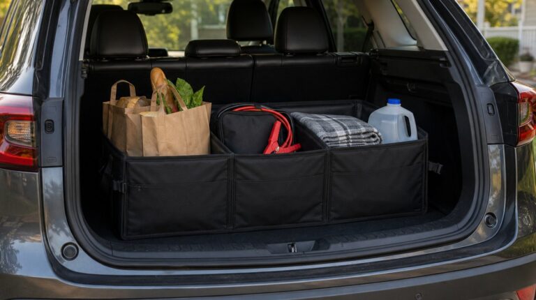 A black three-compartment trunk organizer holding groceries, jumper cables, a blanket and a water jug in the cargo area of an SUV