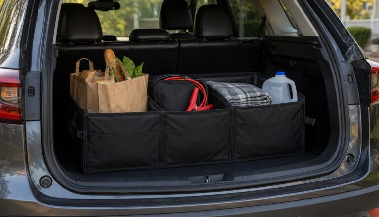 A black three-compartment trunk organizer holding groceries, jumper cables, a blanket and a water jug in the cargo area of an SUV