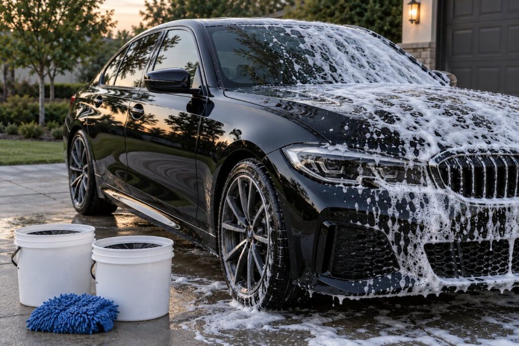 Black car half covered in car wash foam next to two wash buckets and a microfiber mitt