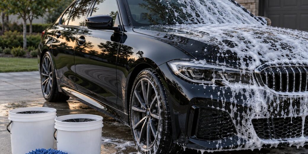 Black car half covered in car wash foam next to two wash buckets and a microfiber mitt