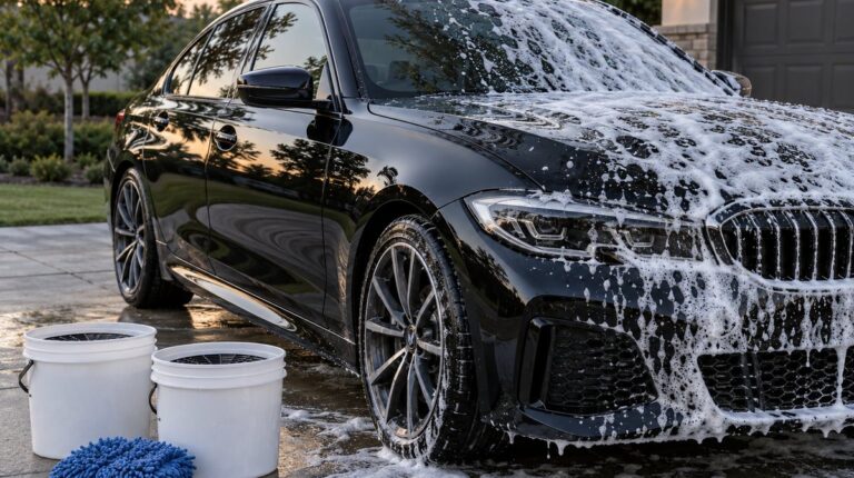 Black car half covered in car wash foam next to two wash buckets and a microfiber mitt