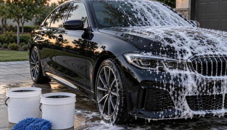 Black car half covered in car wash foam next to two wash buckets and a microfiber mitt