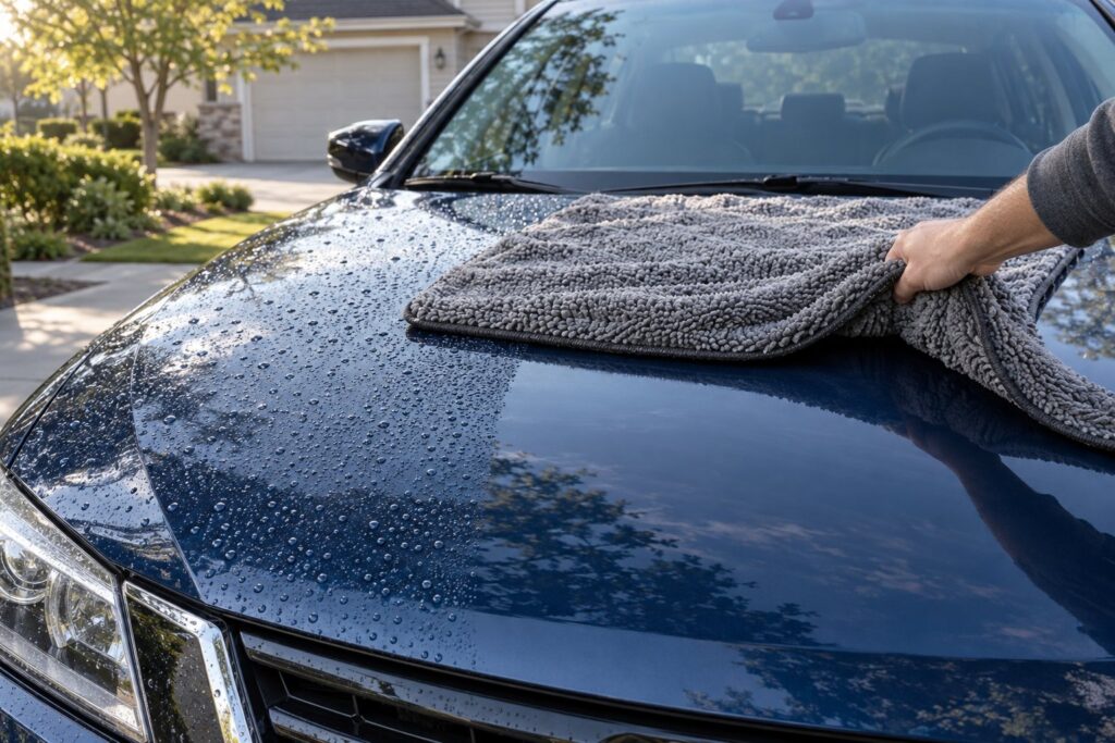 Gray twisted loop microfiber drying towel pulled across the wet hood of a dark blue sedan