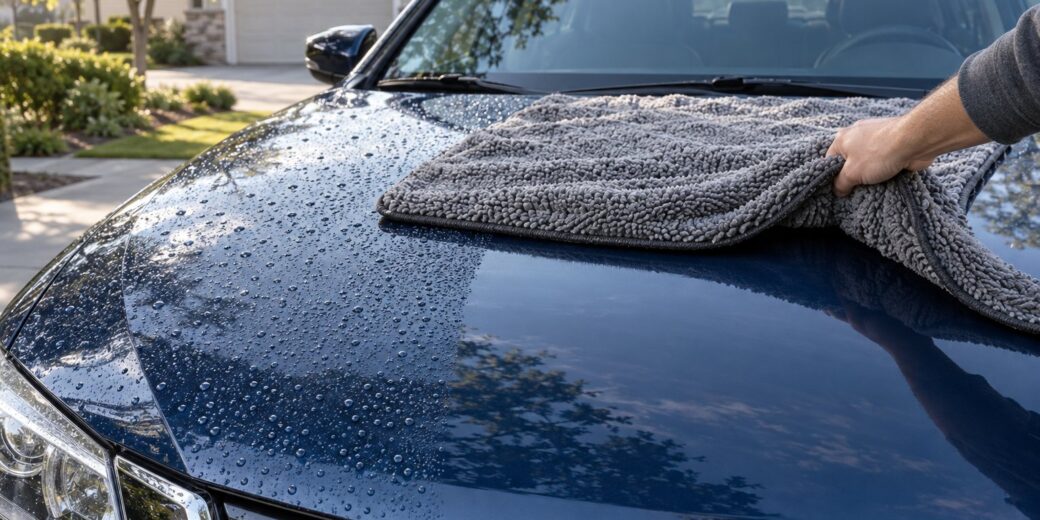 Gray twisted loop microfiber drying towel pulled across the wet hood of a dark blue sedan