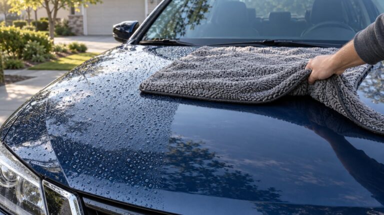 Gray twisted loop microfiber drying towel pulled across the wet hood of a dark blue sedan
