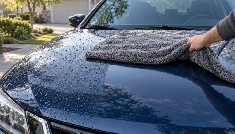 Gray twisted loop microfiber drying towel pulled across the wet hood of a dark blue sedan