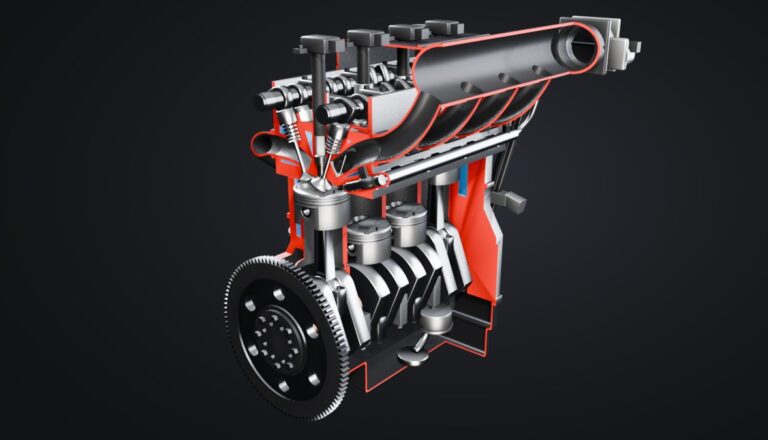 Cutaway 3D model of a 2.0 L inline-4 car engine showing pistons, crankshaft and valves