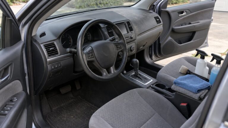 Car interior with cloth seats, unlabeled cleaning sprays, a detailing brush and microfiber towels on the passenger seat