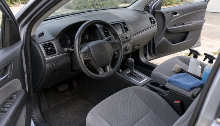Car interior with cloth seats, unlabeled cleaning sprays, a detailing brush and microfiber towels on the passenger seat