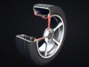 3D cutaway of a 225/45R17 car tire on an alloy wheel showing the inner liner, body ply, bead, steel belts, cap ply and tread