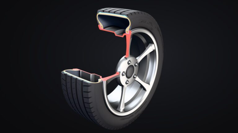 3D cutaway of a 225/45R17 car tire on an alloy wheel showing the inner liner, body ply, bead, steel belts, cap ply and tread