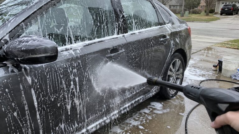 Dark gray sedan covered in soap suds while a pressure washer sprays the door in a driveway