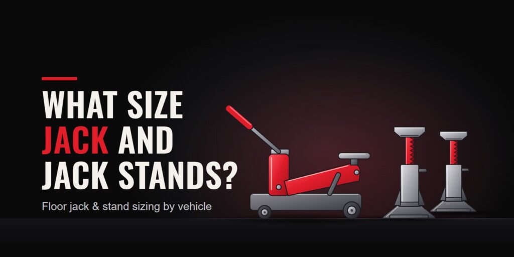 A red floor jack and a pair of jack stands beside the headline: what size jack and jack stands?