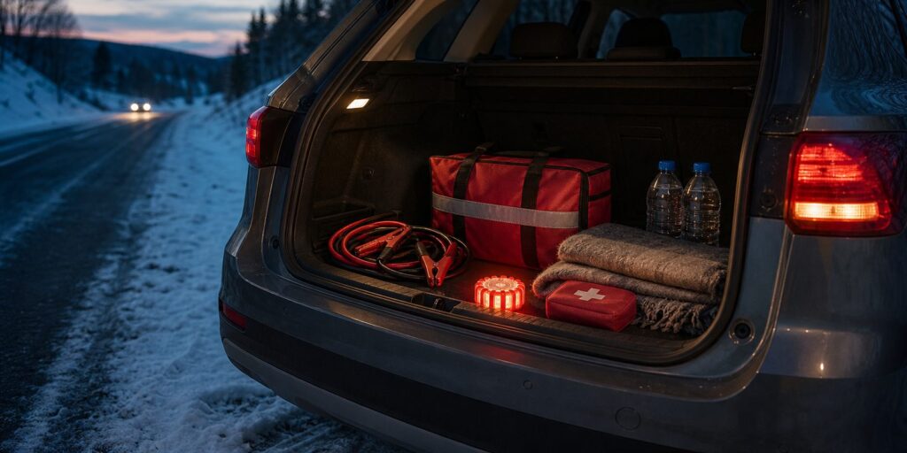 Open car trunk on a snowy roadside at dusk with a red emergency kit bag, jumper cables, LED flare, first aid kit, blanket and water
