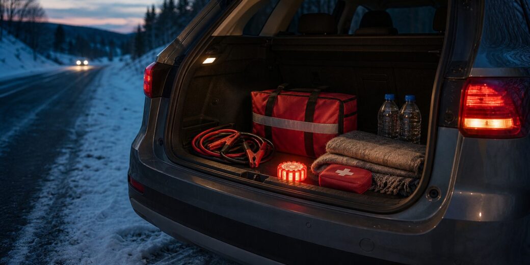 Open car trunk on a snowy roadside at dusk with a red emergency kit bag, jumper cables, LED flare, first aid kit, blanket and water