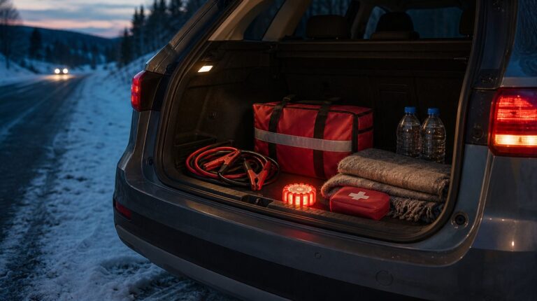 Open car trunk on a snowy roadside at dusk with a red emergency kit bag, jumper cables, LED flare, first aid kit, blanket and water