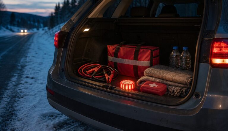 Open car trunk on a snowy roadside at dusk with a red emergency kit bag, jumper cables, LED flare, first aid kit, blanket and water
