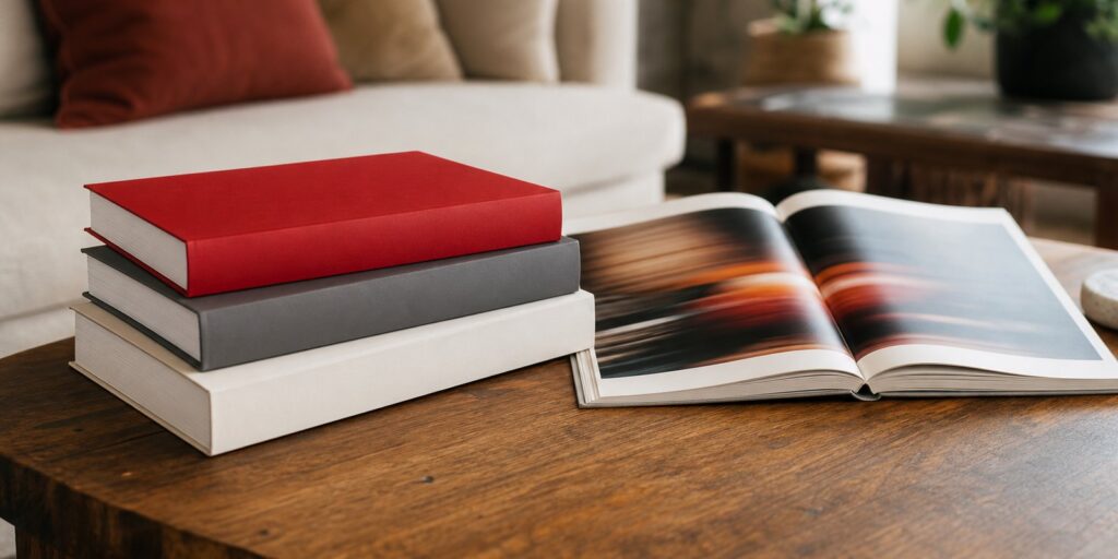 A stack of large hardcover books beside an open photo book on a wooden coffee table