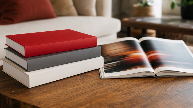 A stack of large hardcover books beside an open photo book on a wooden coffee table