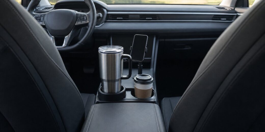 A large steel tumbler in a cup holder expander next to a coffee cup and a cup holder phone mount in a car console