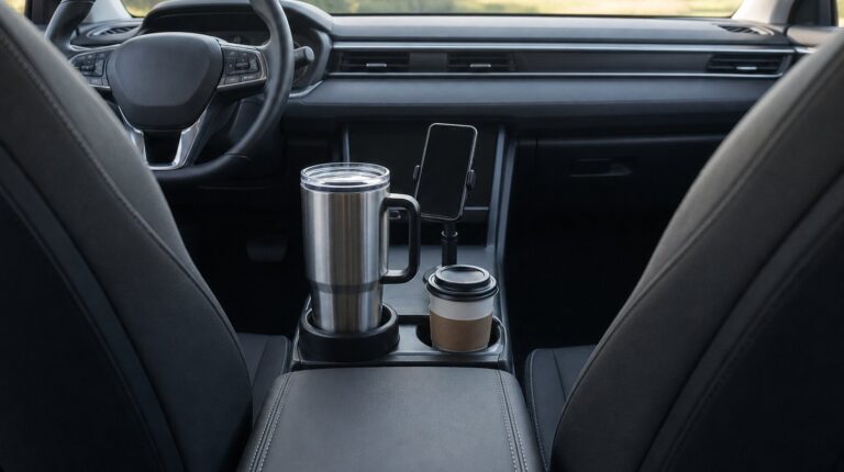 A large steel tumbler in a cup holder expander next to a coffee cup and a cup holder phone mount in a car console