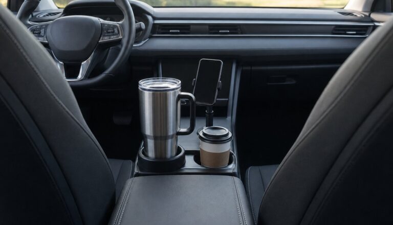 A large steel tumbler in a cup holder expander next to a coffee cup and a cup holder phone mount in a car console