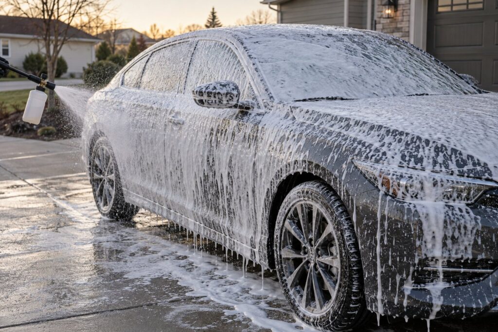 Gray sedan in a driveway covered in thick white snow foam from a foam cannon