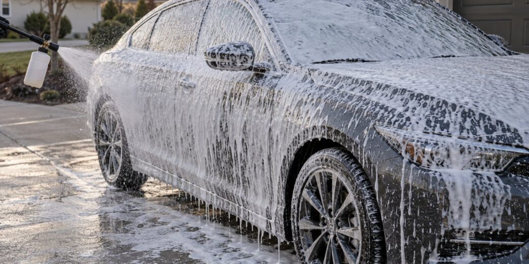 Gray sedan in a driveway covered in thick white snow foam from a foam cannon