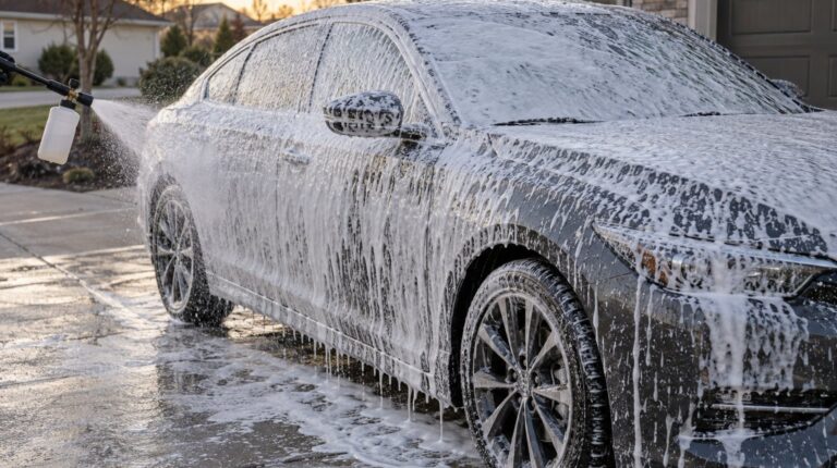 Gray sedan in a driveway covered in thick white snow foam from a foam cannon