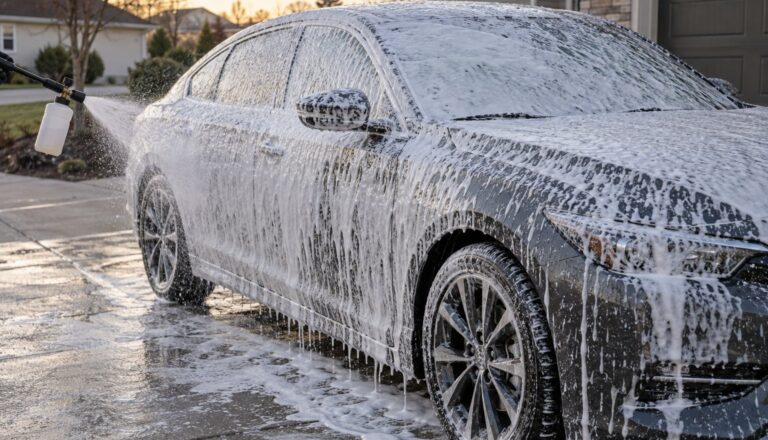 Gray sedan in a driveway covered in thick white snow foam from a foam cannon